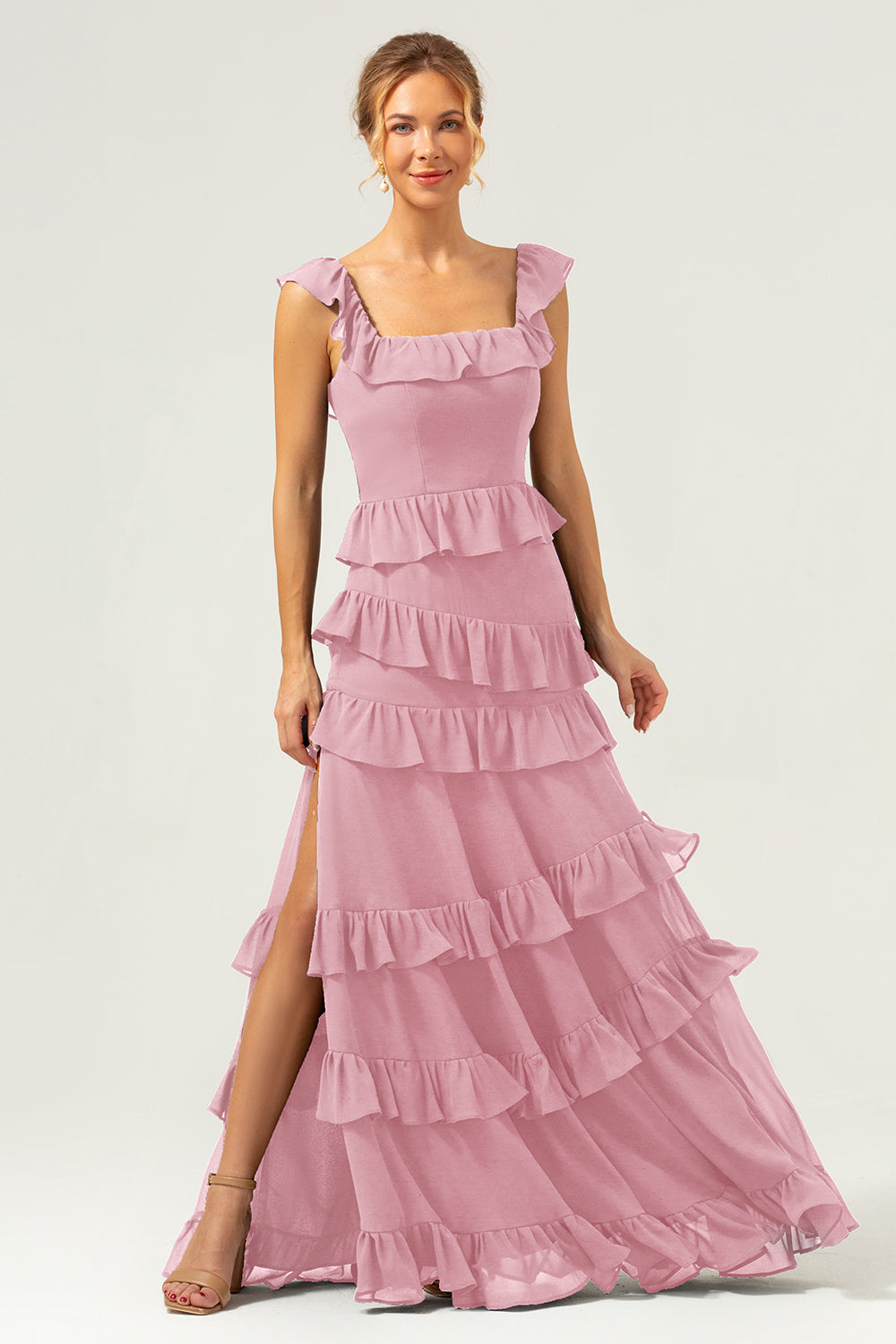 Dark Navy A-Line Tiered Chiffon Long Bridesmaid Dress