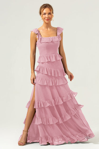 Dark Navy A-Line Tiered Chiffon Long Bridesmaid Dress