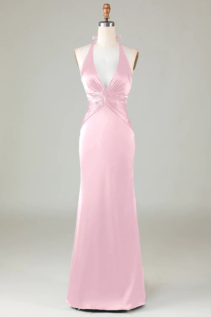Burgundy Mermaid Halter Long Satin Bridesmaid Dress