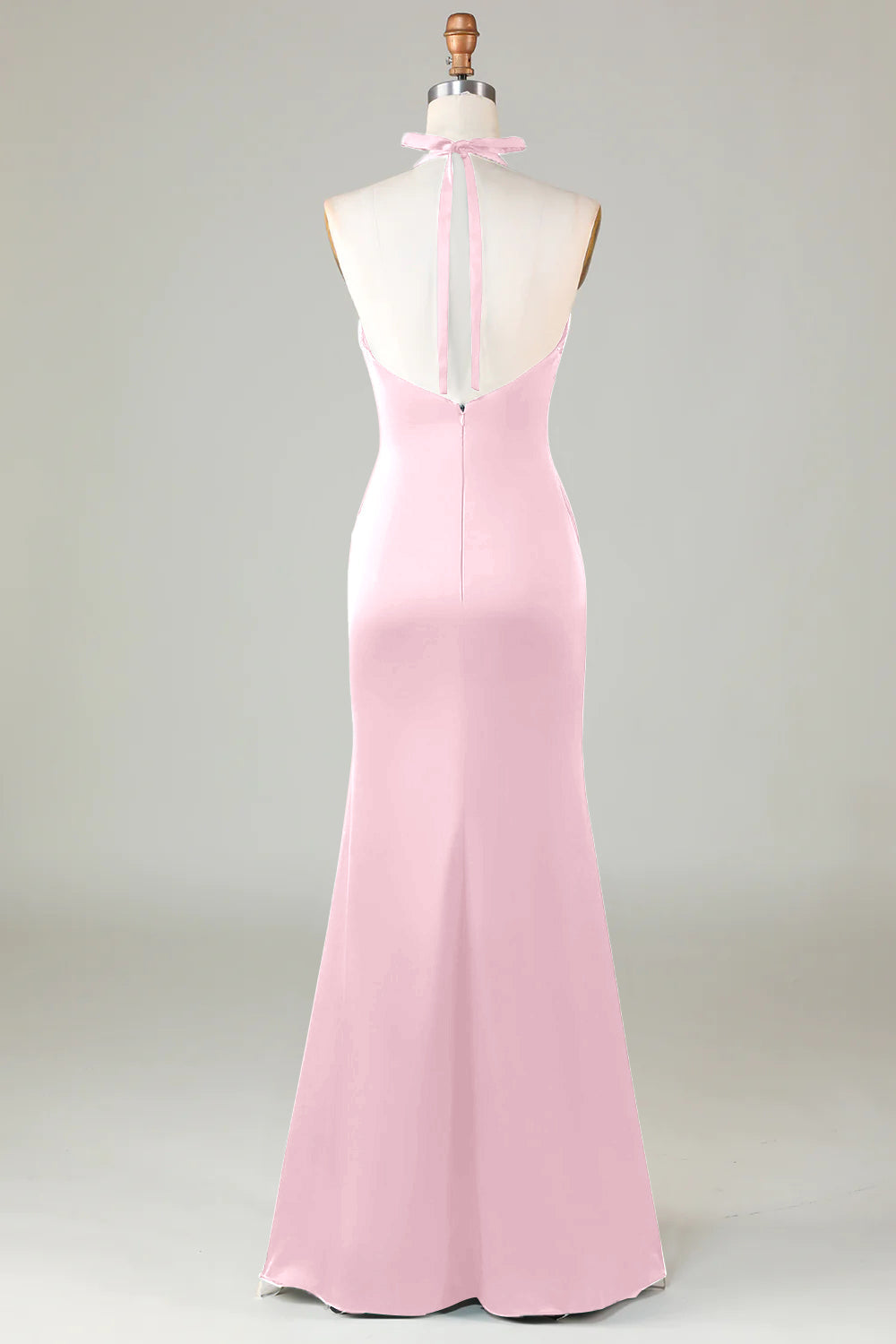 Dusty Sage Satin Sheath Halter Long Bridesmaid Dress