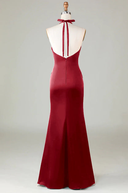 Taupe Sheath Halter Satin Long Bridesmaid Dress