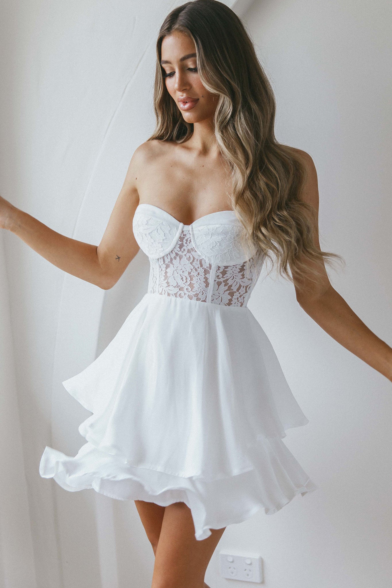In Your Arms Strapless Lace Bodice Layered Hem Mini Dress White