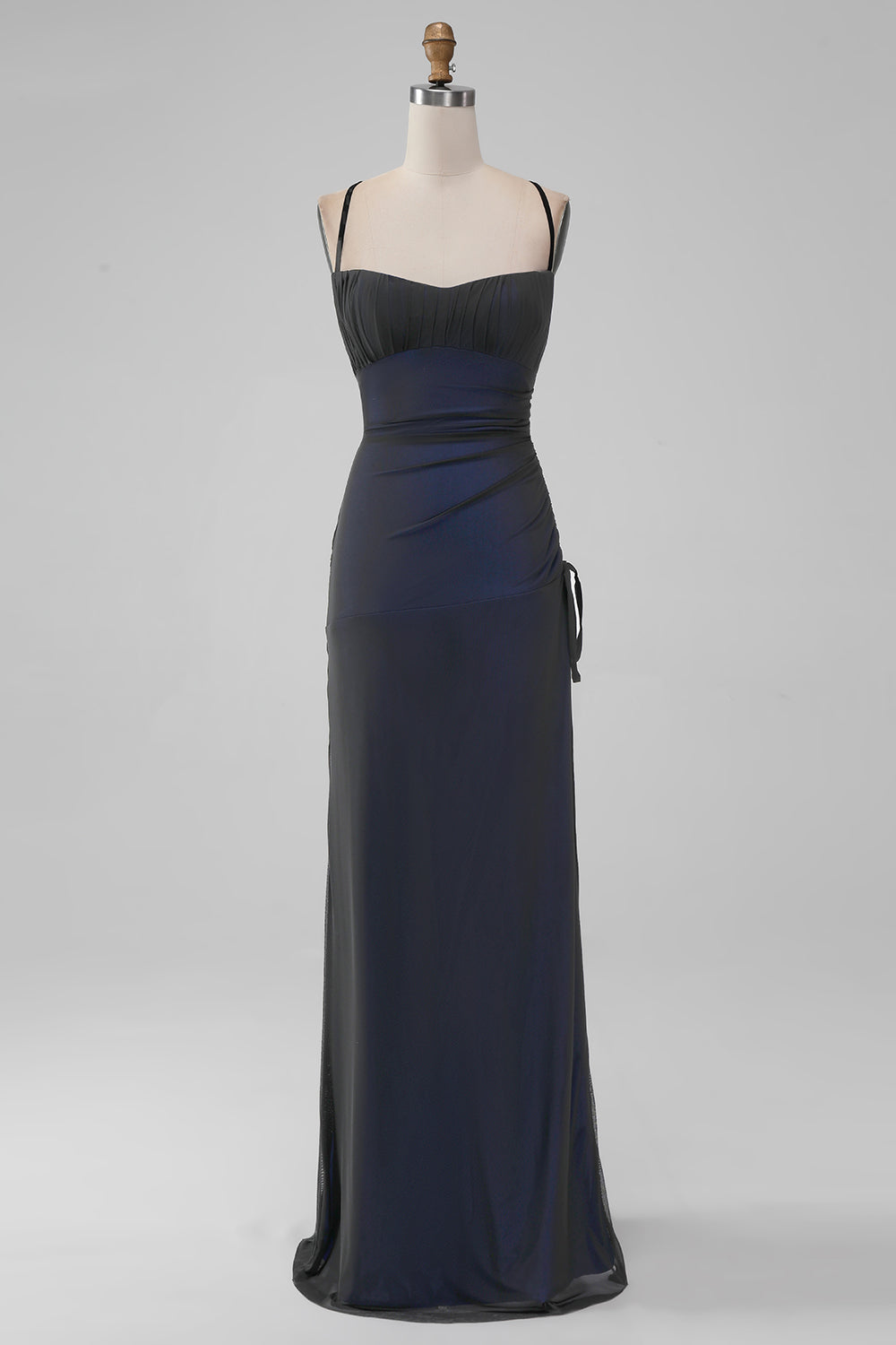 Sheath Spaghetti Straps Black Blue Floor Length Bridesmaid Dress