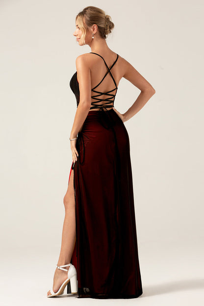 Sheath Spaghetti Straps Black Blue Floor Length Bridesmaid Dress