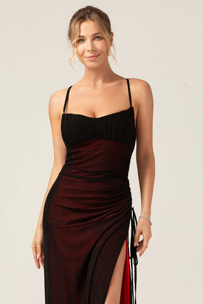 Sheath Spaghetti Straps Black Blue Floor Length Bridesmaid Dress