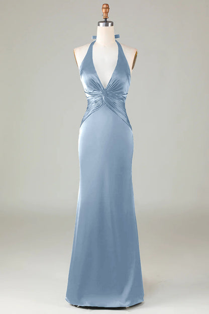 Dusty Sage Satin Sheath Halter Long Bridesmaid Dress