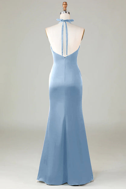 Blushing Pink Sheath Halter Satin Long Bridesmaid Dress