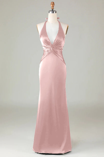 Mermaid Halter Dark Green Long Satin Bridesmaid Dress