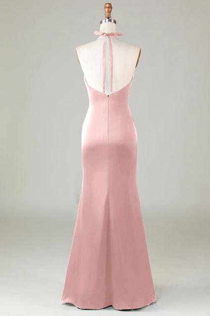Burgundy Mermaid Halter Long Satin Bridesmaid Dress