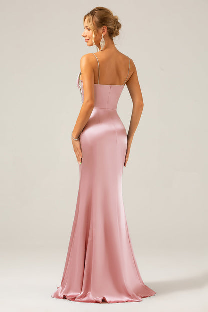 Mermaid Grey Blue Satin Spaghetti Straps Pleated Maxi Dress