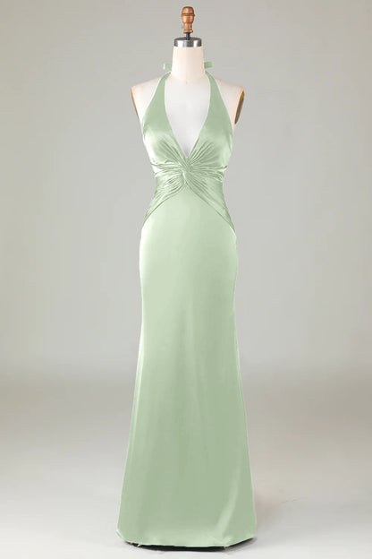 Taupe Sheath Halter Satin Long Bridesmaid Dress