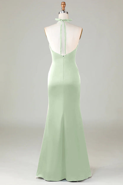 Burgundy Mermaid Halter Long Satin Bridesmaid Dress