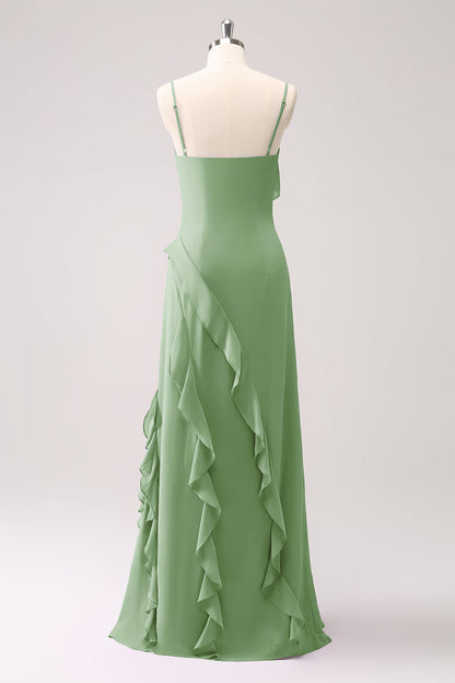 Eucalyptus Ruffled Spaghetti Straps Chiffon Long Bridesmaid Dress with Slit