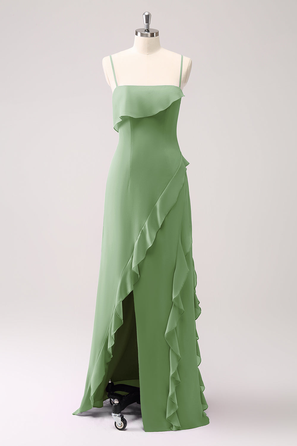 Eucalyptus Ruffled Spaghetti Straps Chiffon Long Bridesmaid Dress with Slit