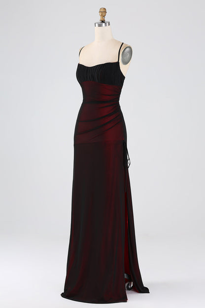 Black Blue Spaghetti Straps Mermaid Pleated Long Prom Dress with Slit