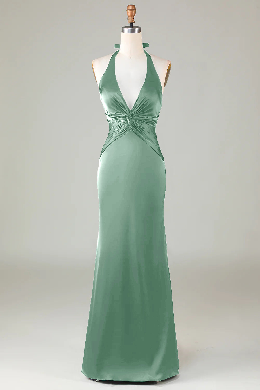 Taupe Sheath Halter Satin Long Bridesmaid Dress
