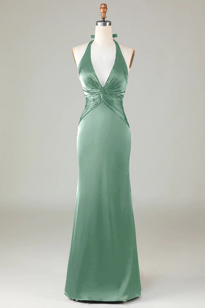 Taupe Sheath Halter Satin Long Bridesmaid Dress