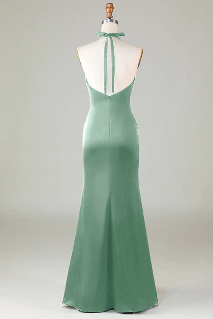 Burgundy Mermaid Halter Long Satin Bridesmaid Dress