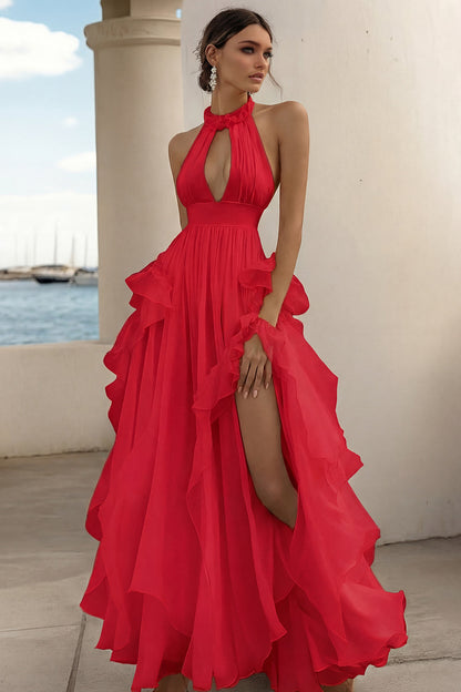 A Line White Ruffled Keyhole Long Rehearsal Dinner Dress with Slit