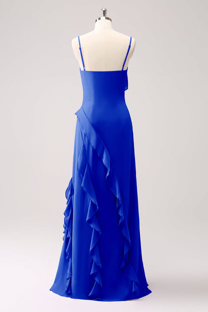 Dusty Sage Ruffled Spaghetti Straps Chiffon Long Bridesmaid Dress with Slit