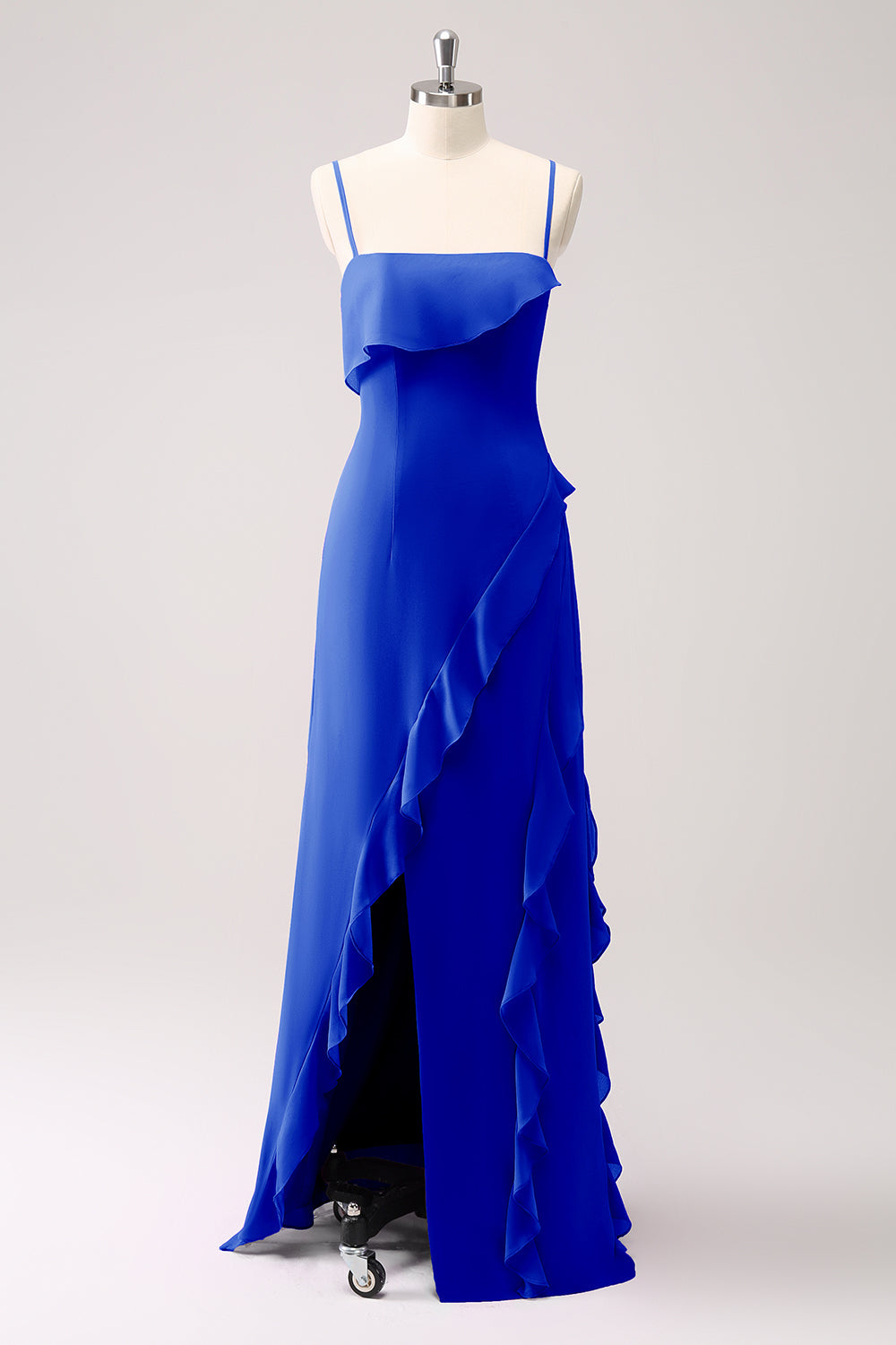 Eucalyptus Ruffled Spaghetti Straps Chiffon Long Bridesmaid Dress with Slit