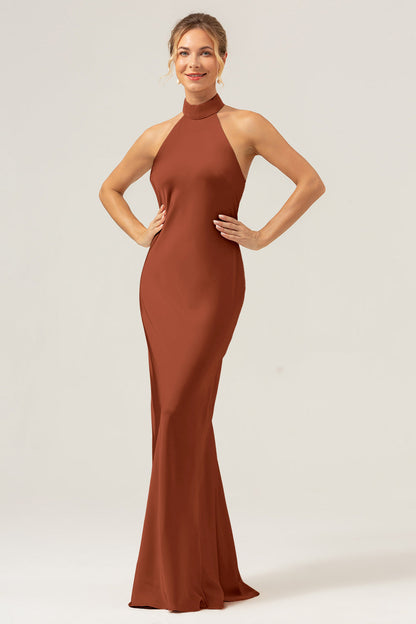 Halter Sheath Dark Green Long Bridesmaid Dress with Back Slit