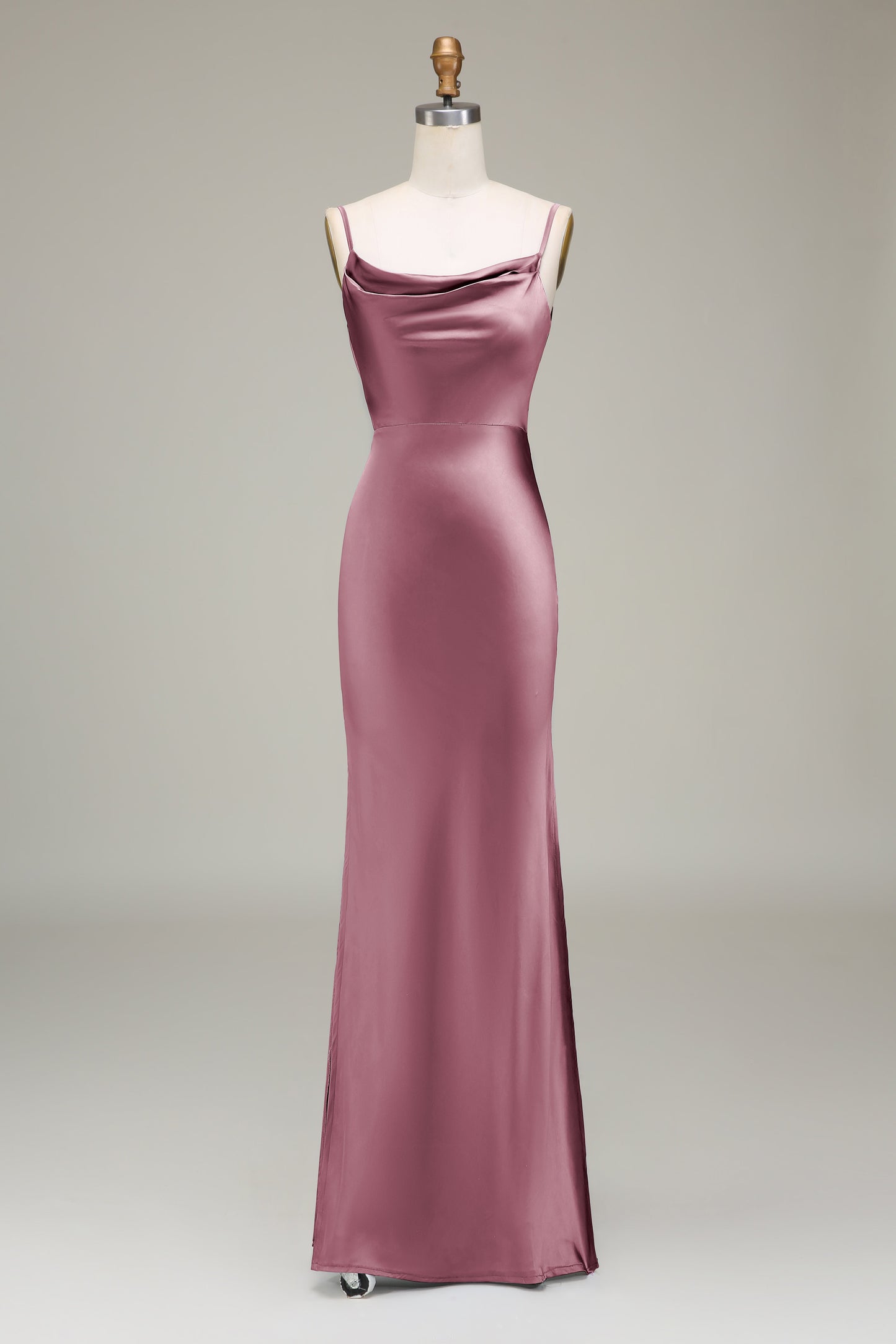Dusty Blue Sheath Spaghetti Straps Satin Long Bridesmaid Dress
