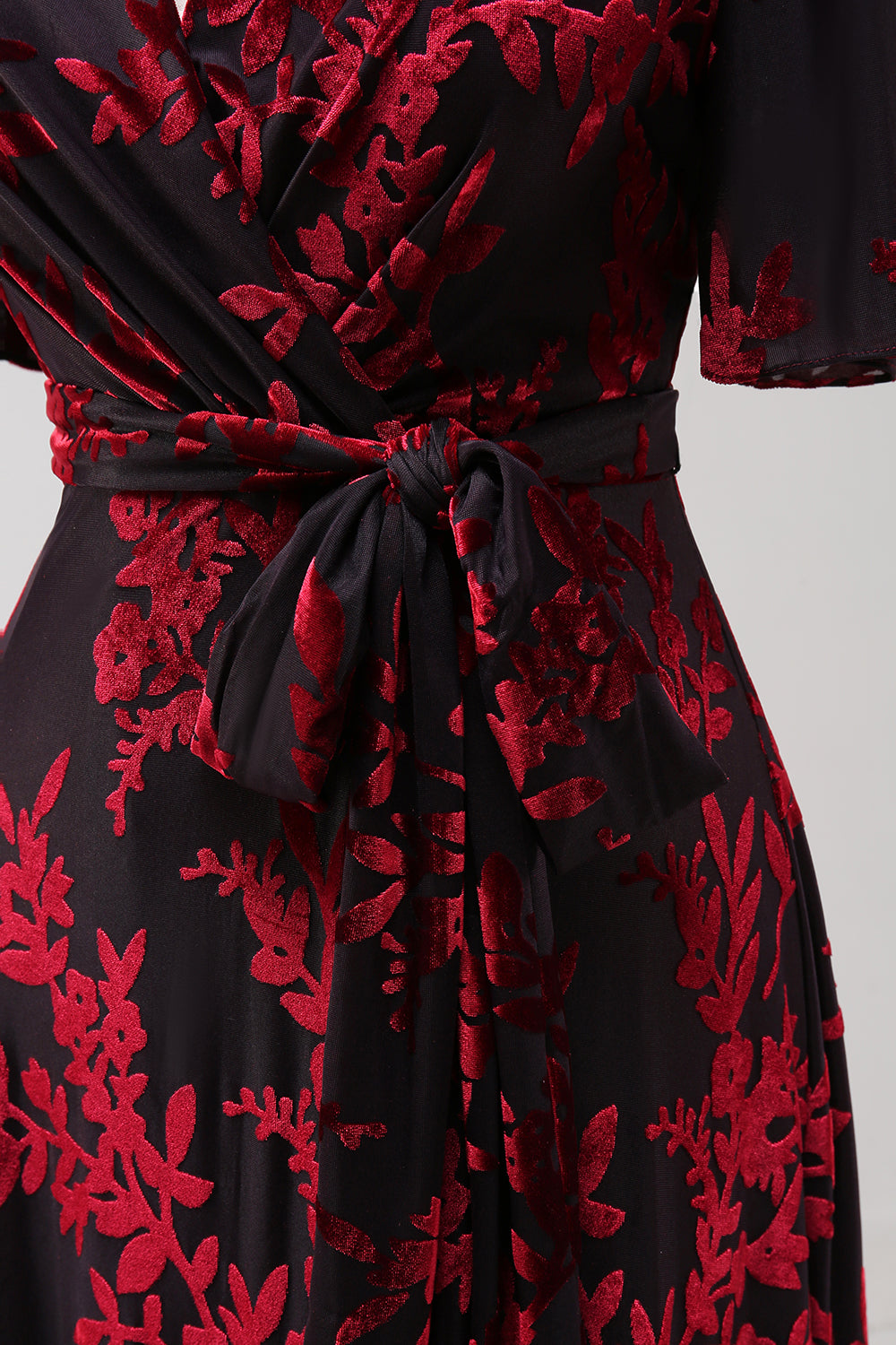 Burnout Velvet Burgundy V-Neck Mother of Bride Dress