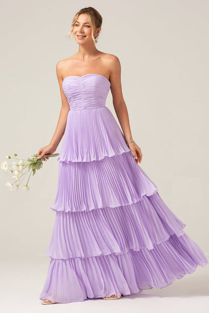 A-Line Sweetheart Lilac Tiered Chiffon Long Bridesmaid Dress with Pleated