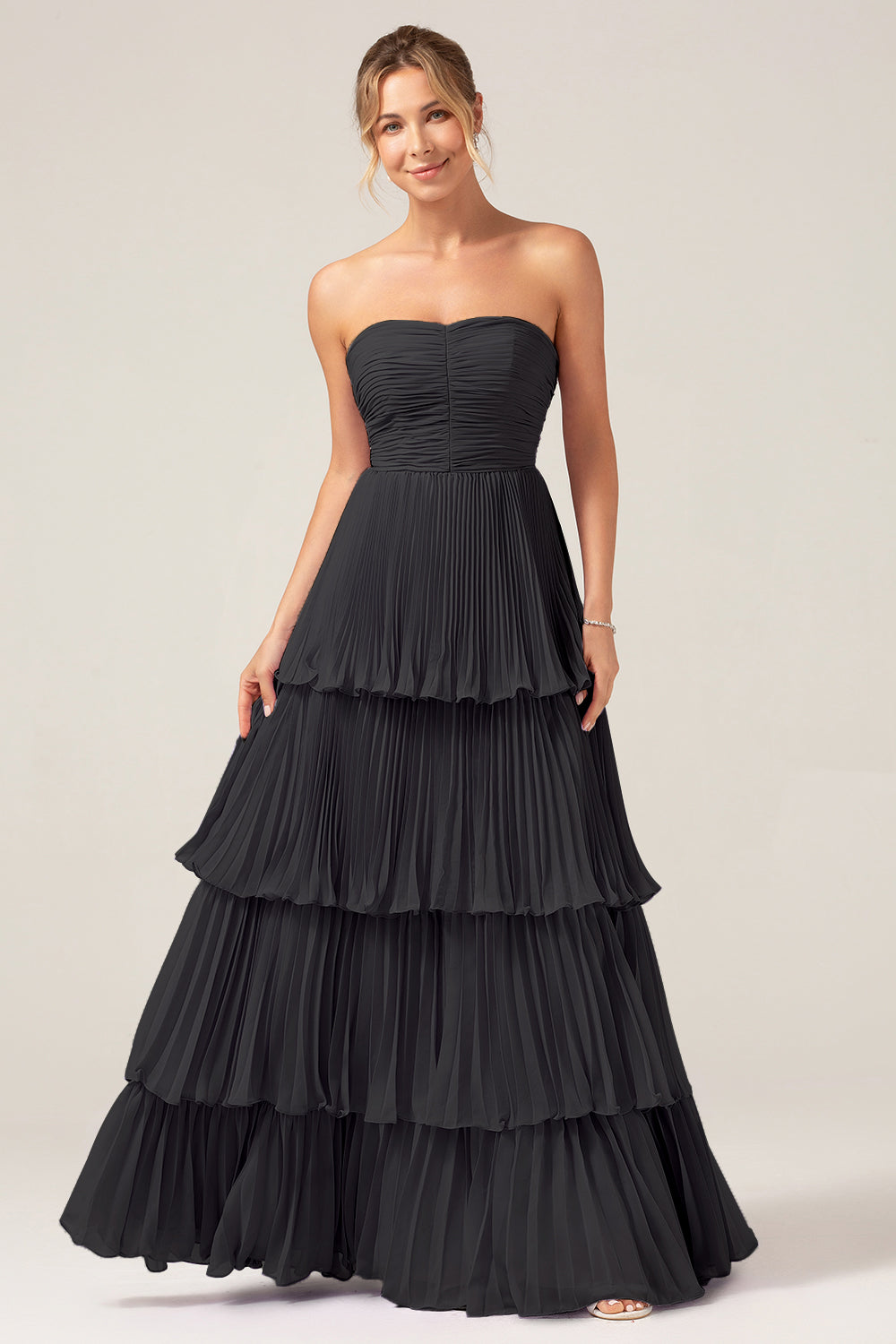 Sky Blue Sweetheart Pleated Tiered Long Bridesmaid Dress