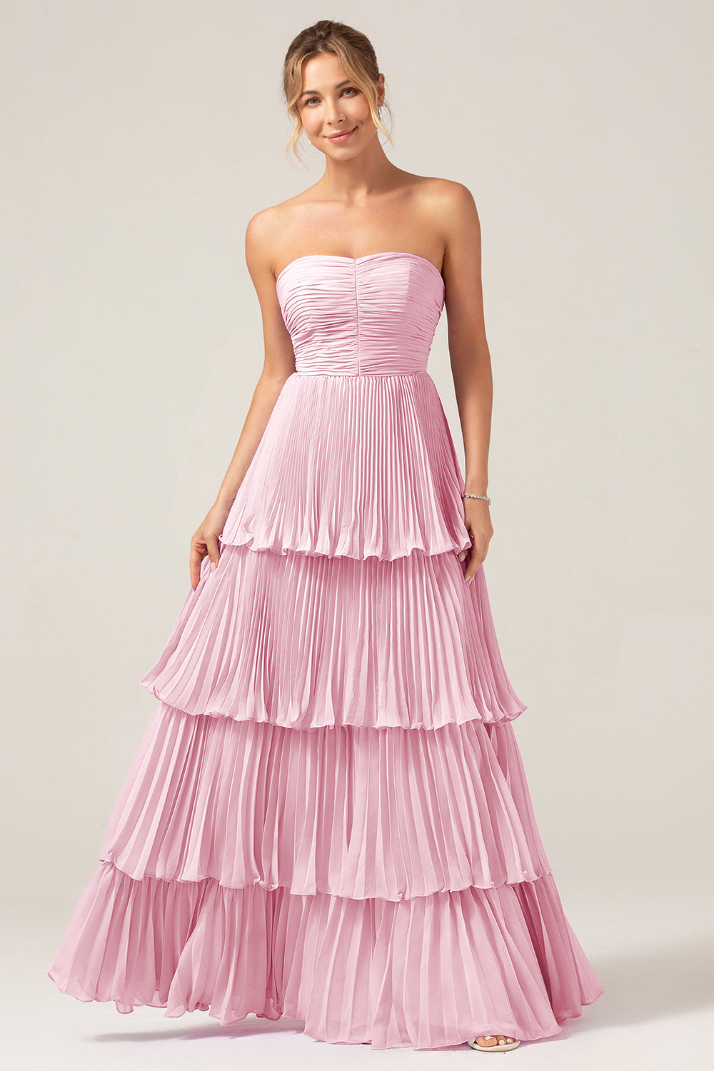 A-Line Sweetheart Lilac Tiered Chiffon Long Bridesmaid Dress with Pleated