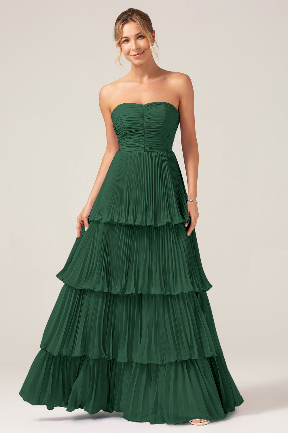 Flowy Chiffon Dusty Blue Sweetheart Tiered Long Bridesmaid Dress