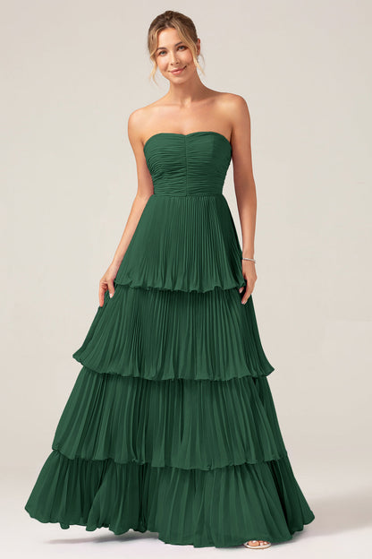 Sky Blue Sweetheart Pleated Tiered Long Bridesmaid Dress