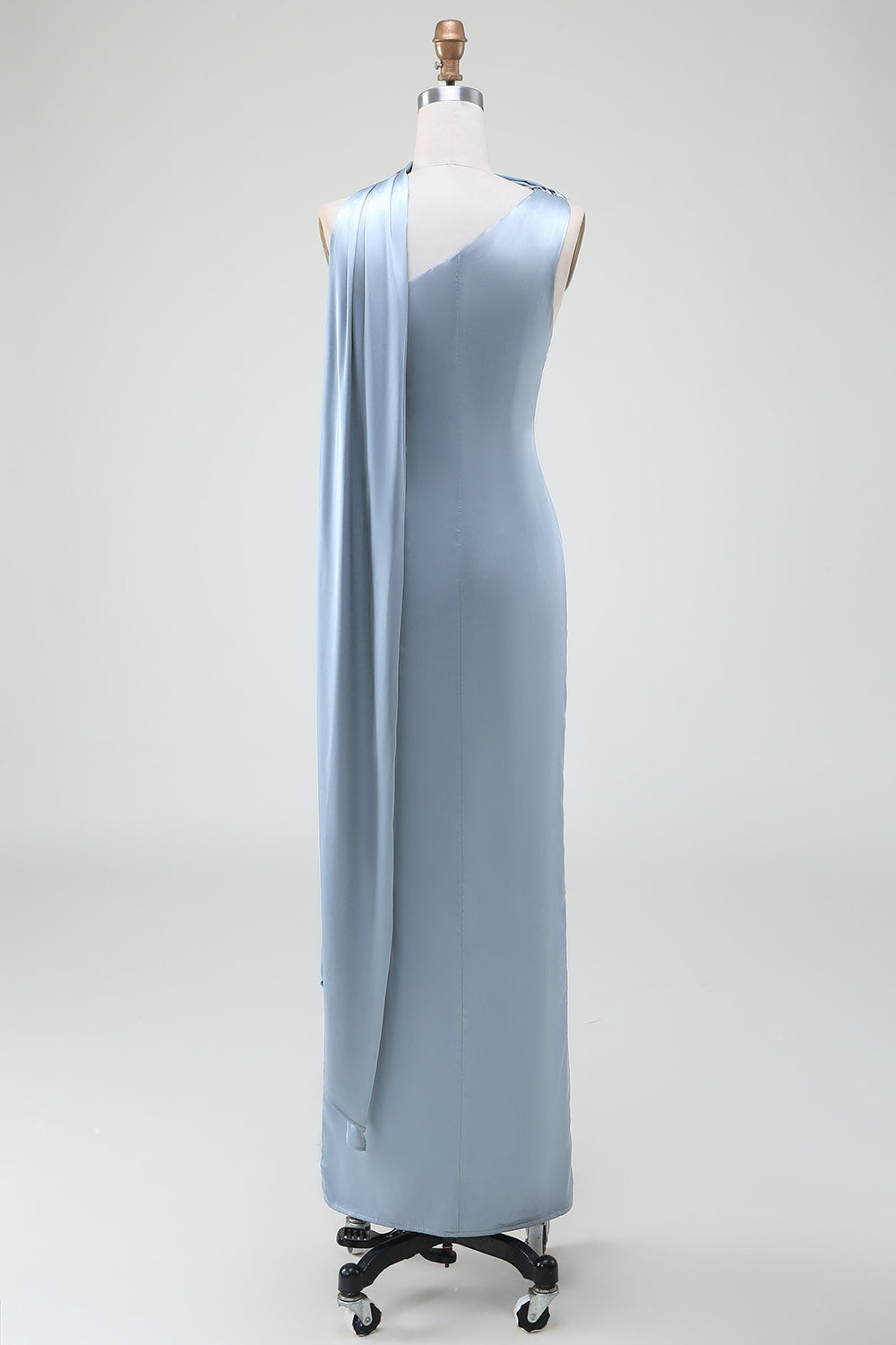 Sheath One Shoulder Satin Long Blue Bridesmaid Dress