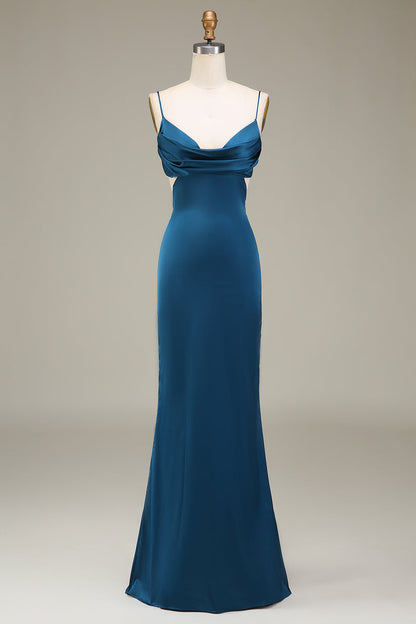 Peacock Sheath Spaghetti Straps Long Satin Bridesmaid Dress
