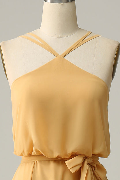 A Line Halter Yellow Long Bridemaid Dress with Bowknot