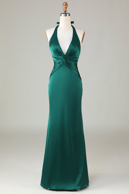 Burgundy Mermaid Halter Long Satin Bridesmaid Dress