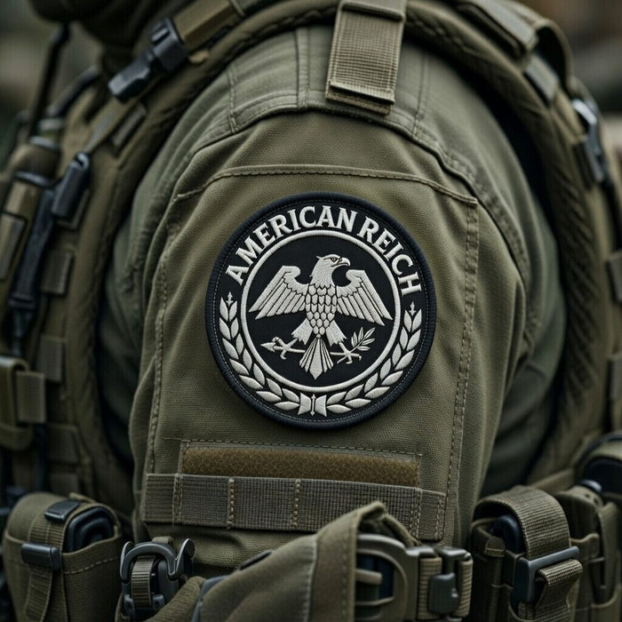 Black twill Iron on patch 3" with raised white embroidery