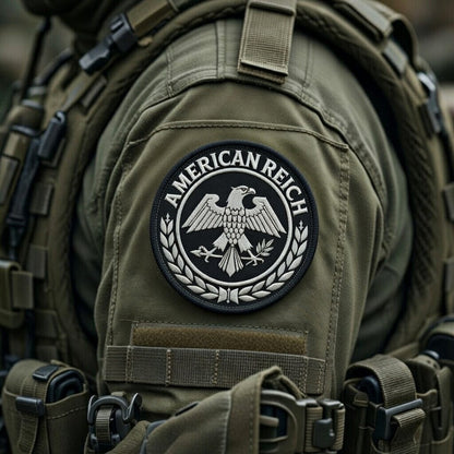 Black twill Iron on patch 3" with raised white embroidery