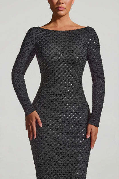 Embellished Open-Back Gown in Black
