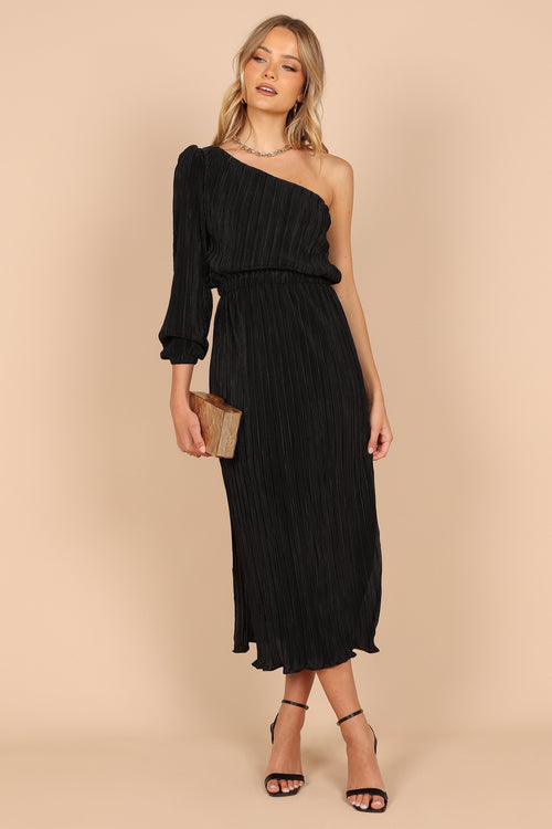 Pontee One Shoulder Pleated Midi Dress - Black